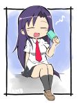  1girl bangs black_legwear blush breasts brown_footwear closed_eyes collared_shirt eyebrows_visible_through_hair food frame full_body goshiki_agiri hand_up holding kill_me_baby long_hair musical_note necktie open_mouth pleated_skirt popsicle purple_hair school_uniform shirt short_sleeves simple_background sitting skirt smile solo white_background white_shirt zubatto_(makoto) 