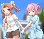  ahoge arm_grab bangs blouse blue_dress blue_eyes blue_sky blurry blurry_background blush brown_eyes brown_hair brown_shorts carrying casual clear_sky commentary day depth_of_field dress hair_intakes hair_ornament hair_ribbon half-closed_eyes hand_on_hip kagerou_(kantai_collection) kakizaki_(chou_neji) kantai_collection leaning_forward light_frown looking_at_viewer medium_hair open_mouth outdoors parted_bangs purple_hair ribbon shiranui_(kantai_collection) short_dress short_shorts short_sleeves shorts sky smile standing torii twintails white_blouse white_ribbon yuri 