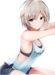  anastasia_(idolmaster) armpits bangs bare_arms bare_shoulders blue_bra blue_eyes blue_shorts blue_tank_top bra breasts cleavage eyebrows_visible_through_hair grey_hair hair_between_eyes idolmaster idolmaster_cinderella_girls nannacy7 navy_blue_shorts short_hair shorts simple_background sitting sleeveless small_breasts smile sports_bra tank_top underwear white_background 