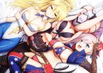  artoria_pendragon_(lancer) bikini blush fate/grand_order fate_(series) garter_belt kurikara long_hair miyamoto_musashi_(fate/grand_order) osakabehime ponytail swimsuit 