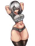  1girl arms_behind_head arms_up black_blindfold black_hairband black_legwear blindfold casual covered_eyes crop_top hairband highres kelvin_hiu micro_shorts navel nier_(series) nier_automata no_mole short_hair shorts silver_hair skindentation solo stomach thick_thighs thighhighs thighs wide_hips yorha_no._2_type_b 