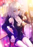 1girl ahoge backlighting bangs bare_shoulders black_dress blue_coat blush breasts cleavage closed_mouth coat collarbone cup dress drinking_straw fate/grand_order fate_(series) full-length_zipper fur-trimmed_coat fur-trimmed_sleeves fur_trim hair_between_eyes heirou jeanne_d&#039;arc_(alter)_(fate) jeanne_d&#039;arc_(fate)_(all) jewelry large_breasts long_sleeves necklace off_shoulder open_clothes open_coat pale_skin short_dress short_hair silver_hair sitting sleeveless sleeveless_dress solo sparkle stool sword thighs weapon wicked_dragon_witch_ver._shinjuku_1999 yellow_eyes zipper 