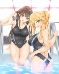 2girls :d arm_up armpits ass bababababan backlighting bangs bare_shoulders black_swimsuit blonde_hair blue_eyes blush breasts brown_eyes brown_hair collarbone commentary_request competition_swimsuit covered_navel eyebrows_visible_through_hair eyes_visible_through_hair fang hand_in_hair highres indoors large_breasts long_hair looking_at_viewer medium_breasts multiple_girls one-piece_swimsuit open_mouth original ponytail pool pool_ladder smile standing swimsuit thighs very_long_hair wading water 