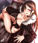  1girl bangs black_dress blush breasts brown_hair center_opening choker cleavage consort_yu_(fate) crossed_legs dress ear_piercing earrings fang fate/grand_order fate_(series) fur-trimmed_jacket fur_trim highres jacket jewelry kisaragi_(legobionicle23) large_breasts long_hair long_sleeves looking_at_viewer multiple_earrings navel open_clothes open_jacket open_mouth piercing red_eyes revealing_clothes ribbon-trimmed_dress sitting smile solo strapless strapless_dress thighs very_long_hair 