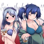  2girls 547th_sy background_text bangs blue_hair blush bra breasts closed_mouth collarbone cup dated english_text eyebrows_visible_through_hair glass hairband headband highres holding holding_cup ice ice_cube kantai_collection large_breasts long_hair medium_breasts multiple_girls one_eye_closed ribbon sagiri_(kantai_collection) signature silver_hair simple_background smile souryuu_(kantai_collection) twintails underwear 