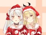  2girls :o ;d alternate_costume amatsukaze_(kantai_collection) bangs black_choker blush brown_eyes choker commentary_request eyebrows_visible_through_hair fur-trimmed_hat fur_collar grin hair_tubes hat head_tilt highres kantai_collection multiple_girls one_eye_closed open_mouth parted_bangs pink_background red_headwear santa_costume santa_hat shimakaze_(kantai_collection) silver_hair sketch smile suwakana two-tone_background two_side_up upper_body 