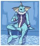  2019 4_fingers 4_toes absurd_res anthro black_nose blue_body blue_tail bodily_fluids clothed clothing crying eeveelution fingers hi_res megawolf77 nintendo pok&eacute;mon pok&eacute;mon_(species) solo tears toes vaporeon video_games water 