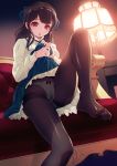  1girl 40hara bangs blue_skirt bow breasts brown_hair couch eyebrows_visible_through_hair foot_up hair_bow highres indoors iya_na_kao_sare_nagara_kozukuri_sasete_moraitai lamp lifted_by_self long_hair long_sleeves looking_at_viewer miru_tights open_mouth panties panties_under_pantyhose pantyhose purple_eyes shirt sidelocks sitting skirt solo thighband_pantyhose underwear white_panties white_shirt 