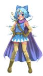  1girl adapted_costume bangs bare_shoulders beige_legwear belt blue_bow blue_dress blue_eyes blue_hair blush boots bow breasts brown_belt brown_footwear brown_gloves cape circlet cirno commentary_request dragon_quest dress ebi_193 elbow_gloves full_body gloves grin hair_between_eyes hair_bow ice ice_wings looking_at_viewer purple_cape short_dress short_hair simple_background sleeveless sleeveless_dress small_breasts smile solo standing sword tan thighhighs thighs touhou weapon weapon_on_back white_background wings zettai_ryouiki 
