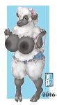  2019 anthro areola big_breasts bottomwear bovid breasts caprine clothed clothing cryptozoo cutoffs denim denim_clothing digital_media_(artwork) female fur hooves huge_areola huge_breasts mammal nipples sheep shorts simple_background smile solo topless white_body white_fur 