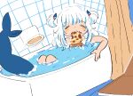  1girl bangs bathing bathtub blue_hair closed_eyes curtains fish_tail food gawr_gura henemimi hololive hololive_english mouth_hold multicolored_hair partially_submerged pizza shark_tail solo streaked_hair tail virtual_youtuber water white_hair 