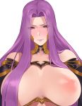  1girl bangs bare_shoulders blush breasts closed_mouth fate/grand_order fate_(series) forehead gorgon_(fate) highres hikichi_sakuya huge_breasts long_hair looking_at_viewer nipples parted_bangs puffy_nipples purple_hair rider scales simple_background solo square_pupils very_long_hair white_background 