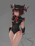  1girl arm_guards arms_at_sides bangs bare_hips black_hair black_leotard bow bowtie breasts covered_navel dokomon dragon_girl dragon_horns grey_background hair_ribbon highres horns leotard looking_at_viewer multicolored_hair puzzle_&amp;_dragons red_bow red_eyes red_neckwear red_ribbon ribbon side-tie_leotard simple_background sketch small_breasts solo thighs two-tone_hair v-shaped_eyebrows 