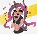  ^_^ animal_ears blush brown_hair closed_eyes dark_skin dog_ears dog_tail enisabi fang fingerless_gloves gloves hands_up heart iida_(splatoon) long_hair mole mole_under_mouth multicolored_hair navel octarian open_mouth pink_hair smile splatoon_(series) splatoon_2 suction_cups tail tentacle_hair translation_request 