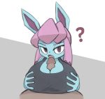  2019 ? anthro big_breasts blue_body blue_fur breasts clothed clothing digital_media_(artwork) duo eeveelution female female_focus fur glaceon hair hi_res hsp looking_at_viewer male male/female mammal nintendo open_mouth penis pink_hair pok&eacute;mon pok&eacute;mon_(species) sex simple_background solo_focus titfuck video_games 