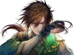  1boy black_gloves border0715 brown_eyes brown_hair chinese_clothes closed_mouth gloves green_theme hair_between_eyes hair_over_one_eye hanfu jiang_wei long_hair long_sleeves looking_at_viewer male_focus ponytail sangoku_musou simple_background solo white_background wiping_face yellow_eyes 