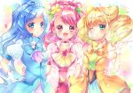  3girls absurdres bangs blonde_hair blue_dress blue_eyes blue_hair choker collarbone cure_fontaine cure_grace cure_sparkle dress eyebrows_visible_through_hair gloves green_eyes hanadera_nodoka healin&#039;_good_precure highres hiramitsu_hinata long_hair magical_girl multiple_girls one_eye_closed open_mouth pink_dress pink_eyes pink_hair precure puffy_short_sleeves puffy_sleeves sawaizumi_chiyu short_sleeves smile touki_matsuri twintails upper_body white_gloves yellow_dress 