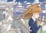  1girl absurdres bird blazer blonde_hair blue_eyes blue_sky broom bucket building cherry_blossoms cherry_tree cloud crying dove feathers from_side highres horizon jacket kousaka_honoka long_hair love_live! love_live!_school_idol_project maple_rain moss open_door ribbon rooftop school_uniform sky skyline soccer_field solo track yellow_ribbon 