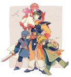  1girl blonde_hair blue_eyes cape commentary_request crossover dragon_quest dragon_quest_i dragon_quest_ii ghost goggles goggles_on_head goggles_on_headwear hero_(dq1) hood long_hair multiple_boys prince_of_lorasia prince_of_samantoria princess_of_moonbrook robe short_hair spiked_hair sword weapon white_robe yuza 