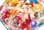  1girl :d air_bubble armlet bangs bare_shoulders blonde_hair blue_flower blush bow bracelet breasts bubble cross cross_earrings dress earrings ereshkigal_(fate/grand_order) fate/grand_order fate_(series) floating_hair flower flower_request from_side full_body glass_slipper glint hair_bow in_container jewelry leg_hug long_hair looking_at_viewer open_mouth parted_bangs pink_flower plantar_flexion purple_flower red_bow red_dress red_eyes red_flower shutsuri sideboob smile solo sparkle strapless strapless_dress submerged tiara transparent two_side_up very_long_hair white_background yellow_flower yellow_legwear 