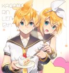  1boy 1girl anniversary bangs bass_clef behind_another blonde_hair blue_eyes bow brother_and_sister cake character_name commentary_request detached_sleeves eyebrows_visible_through_hair food fork fruit grin hair_bow hair_ornament hairclip halftone halftone_background headphones headset heart holding holding_fork kagamine_len kagamine_rin looking_at_another midriff mipi neckerchief necktie open_mouth plate sailor_collar shirt short_hair shorts siblings sleeveless sleeveless_shirt slice_of_cake smile sponge_cake star strawberry strawberry_shortcake treble_clef twins upper_body vocaloid whipped_cream yellow_neckwear 