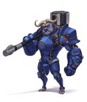  2017 anthro armor black_body black_fur blizzard_entertainment bovid bovine cape_buffalo chief_bogo clothed clothing cosplay crossover crossover_cosplay disney fully_clothed fur hi_res holding_object holding_weapon horn mammal overwatch reinhardt_(overwatch) simple_background solo standing video_games weapon white_background zootopia 杯具螺旋丸 