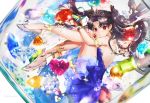  1girl armlet bangs bare_shoulders black_hair blue_dress bow bracelet breasts closed_mouth crystal diamond_(gemstone) dress earrings fate/grand_order fate_(series) floating_hair flower from_side full_body gem glass_slipper glint hair_bow heart in_container ishtar_(fate)_(all) ishtar_(fate/grand_order) jewelry leg_hug long_hair looking_at_viewer parted_bangs plantar_flexion red_eyes ruby_(gemstone) shutsuri sideboob smile solo sparkle strapless strapless_dress submerged tiara transparent two_side_up very_long_hair white_background yellow_legwear 