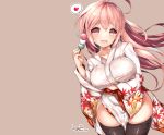  blush breast_hold breasts brown cisyo food heart japanese_clothes kimono long_hair original pink_eyes pink_hair signed thighhighs 