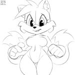  1:1 2019 anthro big_breasts breasts canid canine clothing crossgender digital_media_(artwork) female fox fur gloves hair handwear mammal miles_prower monochrome multi_tail nude simple_background smile solo sonic_the_hedgehog_(series) video_games white_background xylas 