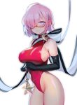  1girl black_gloves blush breasts closed_mouth elbow_gloves eyebrows_visible_through_hair fate/grand_order fate_(series) glasses gloves hair_over_one_eye imp_(sksalfl132) large_breasts leotard looking_at_viewer mash_kyrielight pink_hair purple_eyes red_leotard short_hair sideboob simple_background solo star thighs white_background 