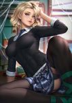  1girl adjusting_hair black_legwear blonde_hair blue_eyes eyebrow_piercing gwen_stacy looking_at_viewer marvel nudtawut_thongmai panties pantyshot parted_lips piercing school_uniform short_hair silk sitting skirt solo spider-man:_into_the_spider-verse spider-man_(series) spider_web sunlight underwear wariza 