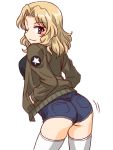  1girl artist_request ass black_shirt blonde_hair blue_eyes blush breasts closed_mouth from_behind girls_und_panzer jacket kay_(girls_und_panzer) large_breasts looking_at_viewer looking_back medium_hair military military_uniform one_eye_closed saunders_military_uniform shiny shiny_hair shirt short_shorts shorts simple_background smile solo source_request standing thighhighs uniform white_background white_legwear 