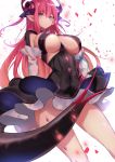  1girl asymmetrical_horns bangs blue_eyes blush breasts curled_horns dragon_girl dragon_horns dragon_tail elizabeth_bathory_(fate) elizabeth_bathory_(fate)_(all) fate/extra fate_(series) highres horns large_breasts long_hair looking_at_viewer older petals pink_hair pointy_ears simple_background solo spider_apple tail white_background 