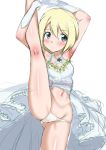  1girl absurdres armpit_peek arms_up blonde_hair blue_eyes blush breasts bride cameltoe closed_mouth cyber_(cyber_knight) dress erica_hartmann eyebrows_visible_through_hair gloves groin highres leg_up midriff navel panties shiny shiny_hair shiny_skin short_hair simple_background small_breasts solo standing strike_witches underwear wedding_dress white_background white_gloves white_panties world_witches_series 