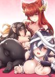  3girls animal_ears antenna_hair anthuria ariesu_watanabe arulumaya ass bandage_over_one_eye bandaged_arm bandages bangs black_gloves black_hair black_legwear blush breasts brown_eyes cameltoe collarbone danua draph erune fingerless_gloves gloves granblue_fantasy hair_between_eyes hair_ornament harvin horn_ornament horns large_breasts long_hair looking_at_viewer looking_back multiple_girls pantyhose pointy_ears red_eyes red_hair small_breasts smile 