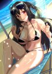  1girl absurdres agachi_(shunya12300724) azur_lane beach beach_umbrella bikini black_hair breasts chair closed_mouth collar collarbone day eyewear_on_head highres large_breasts leg_up long_hair looking_at_viewer ocean outdoors red_eyes sand shiny shiny_hair sitting smile sun_rays sunglasses swimsuit taihou_(azur_lane) tongue tongue_out two_side_up umbrella 
