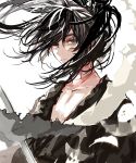  1boy black_eyes black_hair blade closed_mouth collarbone daenarys dororo_(tezuka) hyakkimaru_(dororo) japanese_clothes male_focus simple_background solo torn_clothes upper_body weapon white_background 