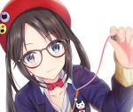  1girl :3 beret black-framed_eyewear blazer blue_eyes blur blush breasts buttons cleavage collarbone earbuds earphones giving glasses hat highres holding_earphone idolmaster idolmaster_shiny_colors jacket long_sleeves mitsumine_yuika neck_ribbon red_headwear ribbon single_earphone_removed so_korokoro solo upper_body white_background 