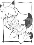  1girl animal_ears bangs black_gloves blush bow bowtie eyebrows_visible_through_hair ezo_red_fox_(kemono_friends) fox_ears fox_tail frame fur_trim gloves greyscale jacket kemono_friends long_hair long_sleeves looking_at_viewer monochrome no_socks open_mouth pleated_skirt shoes simple_background skirt solo tail white_background zubatto_(makoto) 