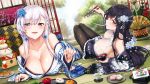  2girls anthropomorphism azuma_(azur_lane) azur_lane belfast_(azur_lane) black_hair breasts cleavage food hisashi_(nekoman) japanese_clothes long_hair orange_eyes pantyhose purple_eyes white_hair 