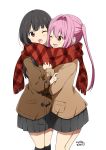  2girls ;d bangs black_hair black_legwear blush brown_eyes brown_jacket chijou_noko chikanoko commentary_request eyebrows_visible_through_hair grey_skirt hair_intakes highres jacket kneehighs long_hair long_sleeves multiple_girls one_eye_closed open_mouth pink_hair plaid plaid_scarf pleated_skirt ragho_no_erika red_eyes red_scarf scarf shared_scarf simple_background skirt sleeves_past_wrists smile translation_request tsugou_makina twintails very_long_hair white_background 