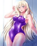 1girl alternate_costume blonde_hair blue_eyes blush breasts competition_swimsuit eyebrows_visible_through_hair hair_between_eyes kantai_collection large_breasts long_hair looking_at_viewer mole mole_under_eye mole_under_mouth one-piece_swimsuit open_mouth purple_swimsuit richelieu_(kantai_collection) smile solo swimsuit wet wet_clothes zanntetu 