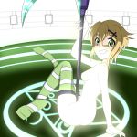  1girl akatsuki_kirika arm_support ass blonde_hair breasts green_eyes grin hair_ornament hairclip looking_at_viewer looking_to_the_side medium_breasts nude parted_lips pole_dancing scythe senki_zesshou_symphogear short_hair smile solo striped striped_legwear teeth thighhighs user_evhd3224 