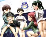  5girls angry ass black_hair black_panties blush bottomless brown_eyes brown_hair butt_crack closed_eyes erica_hartmann eyepatch fang francesca_lucchini gertrud_barkhorn green_hair hair_ornament hair_ribbon hat hosoinogarou long_hair military military_hat military_uniform minna-dietlinde_wilcke multiple_girls musical_note open_mouth outdoors panties panty_pull red_hair ribbon sakamoto_mio shiny shiny_hair short_hair smile standing strike_witches striped striped_panties tears twintails underwear uniform white_panties world_witches_series 