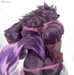  armor bathym butt canid canine canis demon fur hi_res horn looking_at_viewer looking_back male mammal muscular muscular_male petadodu purple_body purple_fur straps tokyo_afterschool_summoners unconvincing_armor video_games wolf 