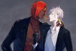  2boys ashwatthama_(fate/grand_order) black_gloves blue_eyes chest cigarette dark_skin dark_skinned_male earrings fate/grand_order fate_(series) forehead_jewel formal gloves highres holding_necklace jacket jewelry karna_(fate) lighting_cigarette male_focus multiple_boys ono_matope open_clothes open_jacket pale_skin red_hair smoking 