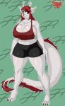  anthro antlers big_breasts bike_shorts bottomwear breasts cervid cleavage clothed clothing creamygravy dragon female green_background hair horn hybrid looking_at_viewer mammal midriff navel red_eyes red_hair shirt shorts simple_background solo tank_top thigh_thighs topwear wide_hips 