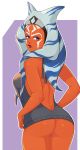  1girl absurdres ahsoka_tano ass bare_back blue_hair bottomless breasts commentary english_commentary greenmarine grey_hair highres jedi legs_together lips looking_back medium_breasts meme_attire multicolored_hair naked_sweater no_bra no_panties older orange_skin purple_background purple_eyes simple_background solo standing star_wars star_wars:_rebels star_wars:_the_clone_wars sweater tentacle_hair togruta two-tone_hair virgin_killer_sweater white_background 