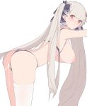  1girl after_sex after_vaginal ass azur_lane bent_over bikini bikini_aside blush breasts breasts_outside cum cum_in_pussy cumdrip doggystyle earrings formidable_(azur_lane) from_side grey_hair highres jewelry large_breasts long_hair looking_at_viewer looking_back nipples prpr_friends pussy red_eyes single_thighhigh solo standing standing_sex swimsuit thighhighs very_long_hair white_background white_legwear 