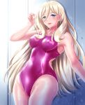  1girl alternate_costume blonde_hair blue_eyes blush breasts competition_swimsuit eyebrows_visible_through_hair hair_between_eyes kantai_collection large_breasts long_hair looking_at_viewer mole mole_under_eye mole_under_mouth one-piece_swimsuit open_mouth pink_swimsuit richelieu_(kantai_collection) smile solo swimsuit wet wet_clothes zanntetu 
